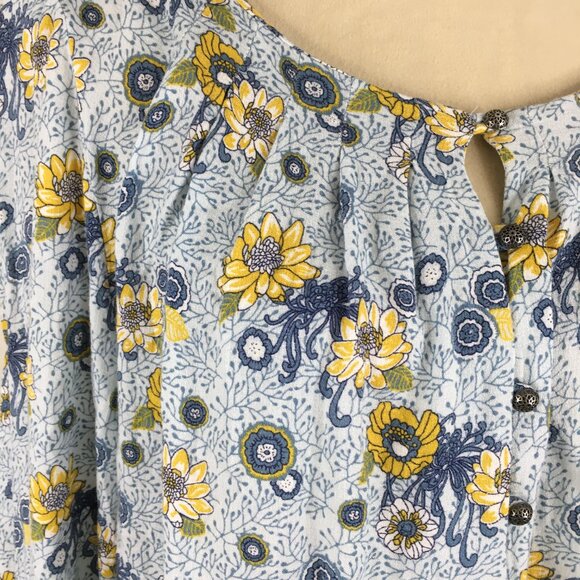 LUCKY BRAND Blue Yellow White Floral Print Tie Sleeve Some Buttons Boho Shirt - Picture 7 of 9